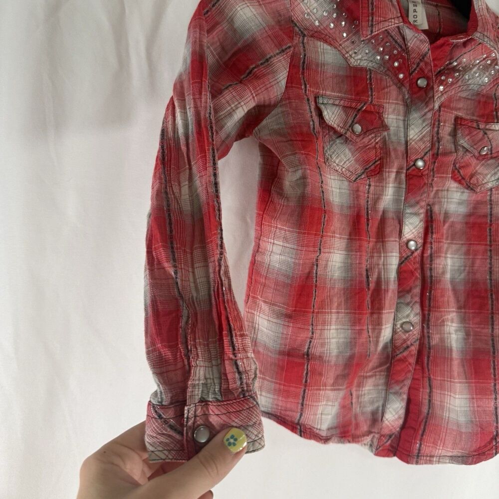 Roper Western Pearl Snap Shirt Girls Small Embellished Red Metallic Plaid Long S - Picture 7 of 7